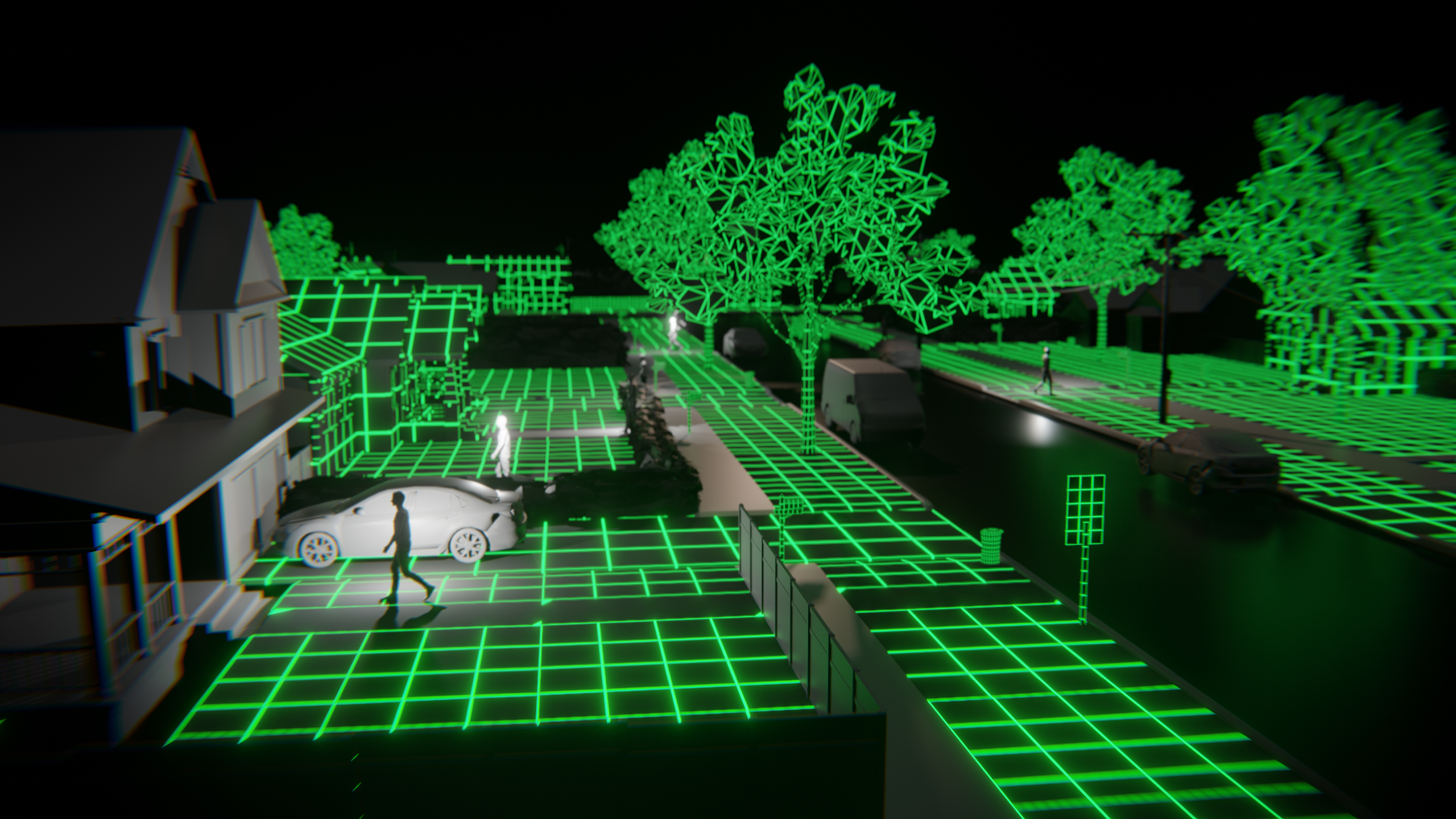 A still image from 'A Glitch in the Matrix,' showing a digitized neighborhood street, with a coded look like from 'The Matrix' movies.